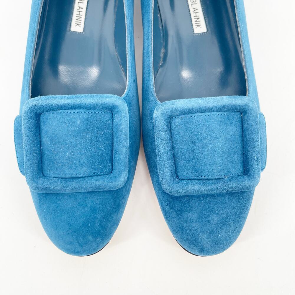 Manolo Blahnik Maydi Turquoise Suede Decorative Buckle Almond Toe Flats IT 37 - Picture 7 of 14